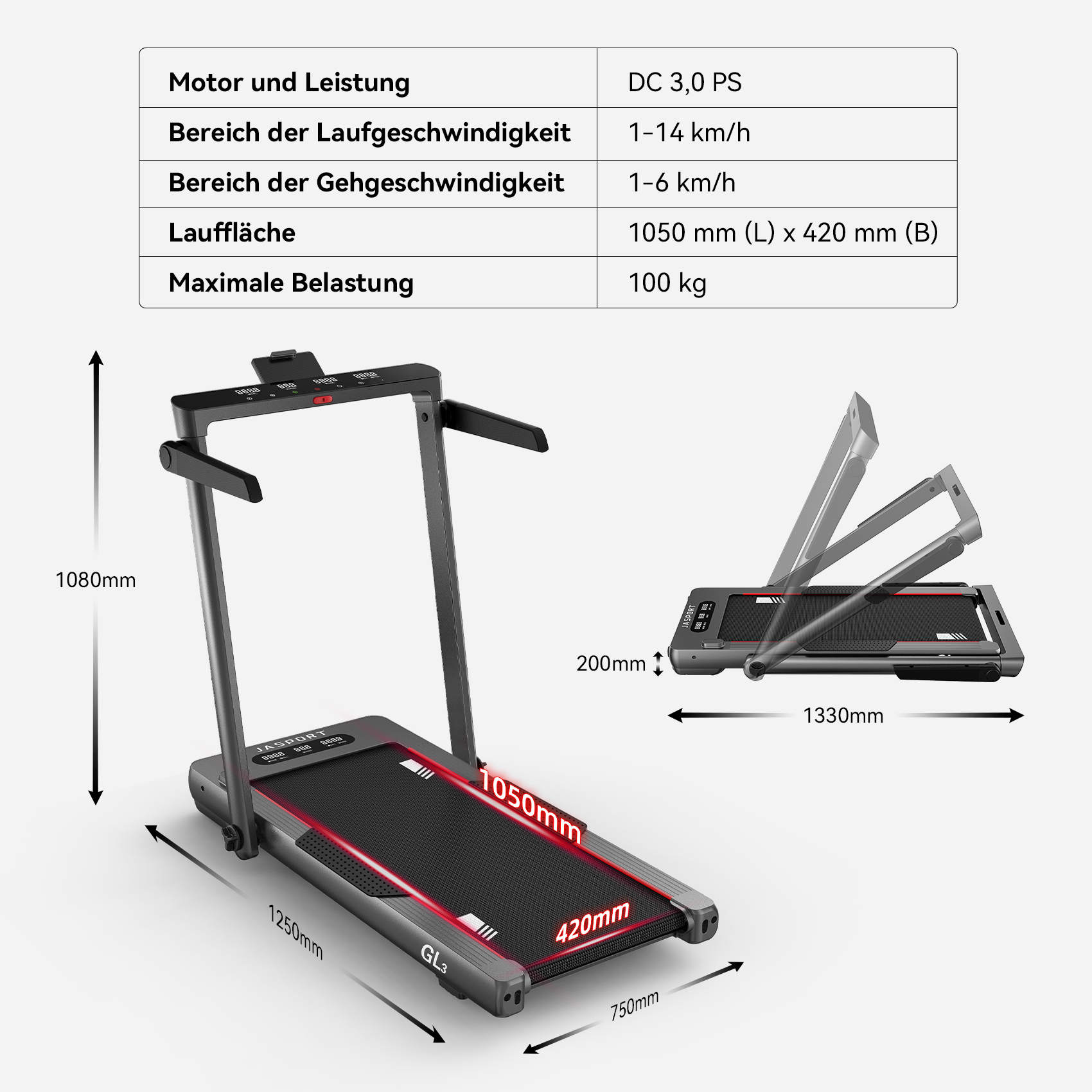 Ein Laufband mit Abmessungen und Spezifikationen. Grau und rot, zusammengeklappt.