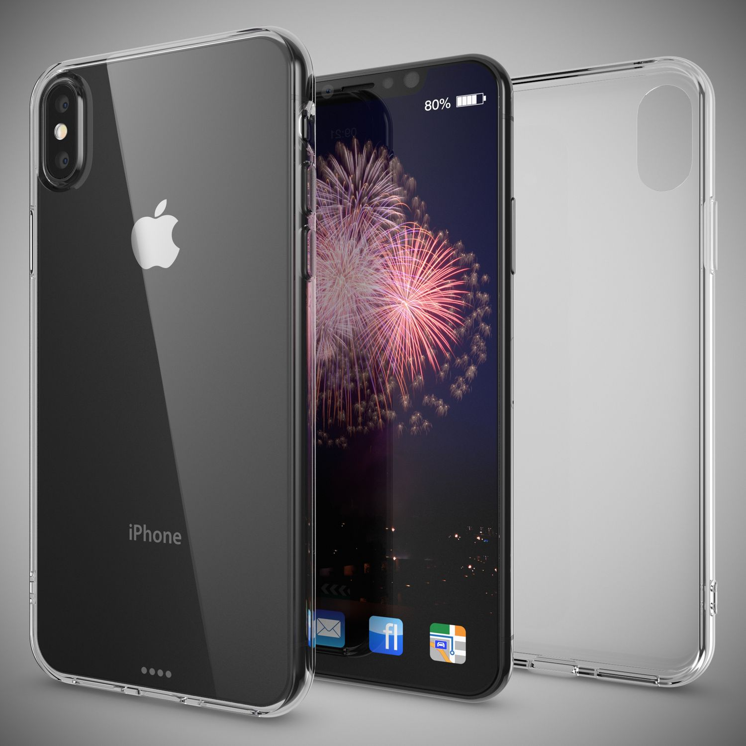 Ein Telefon mit einer transparenten Hülle, das die Rückseite des Telefons zeigt. Der Bildschirm zeigt Feuerwerk.