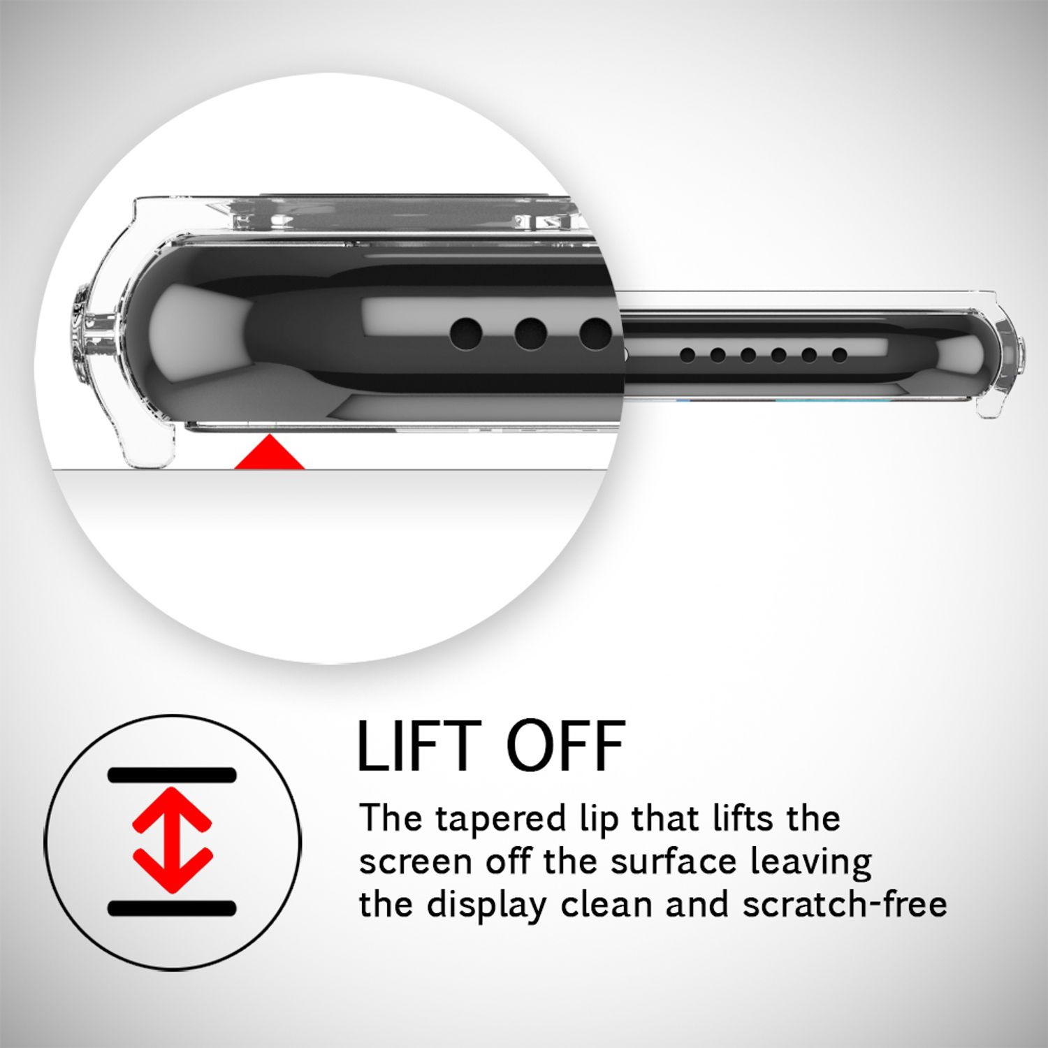 Nahaufnahme eines Telefons und einer transparenten Hülle mit Text 'LIFT OFF' und einem Pfeil.