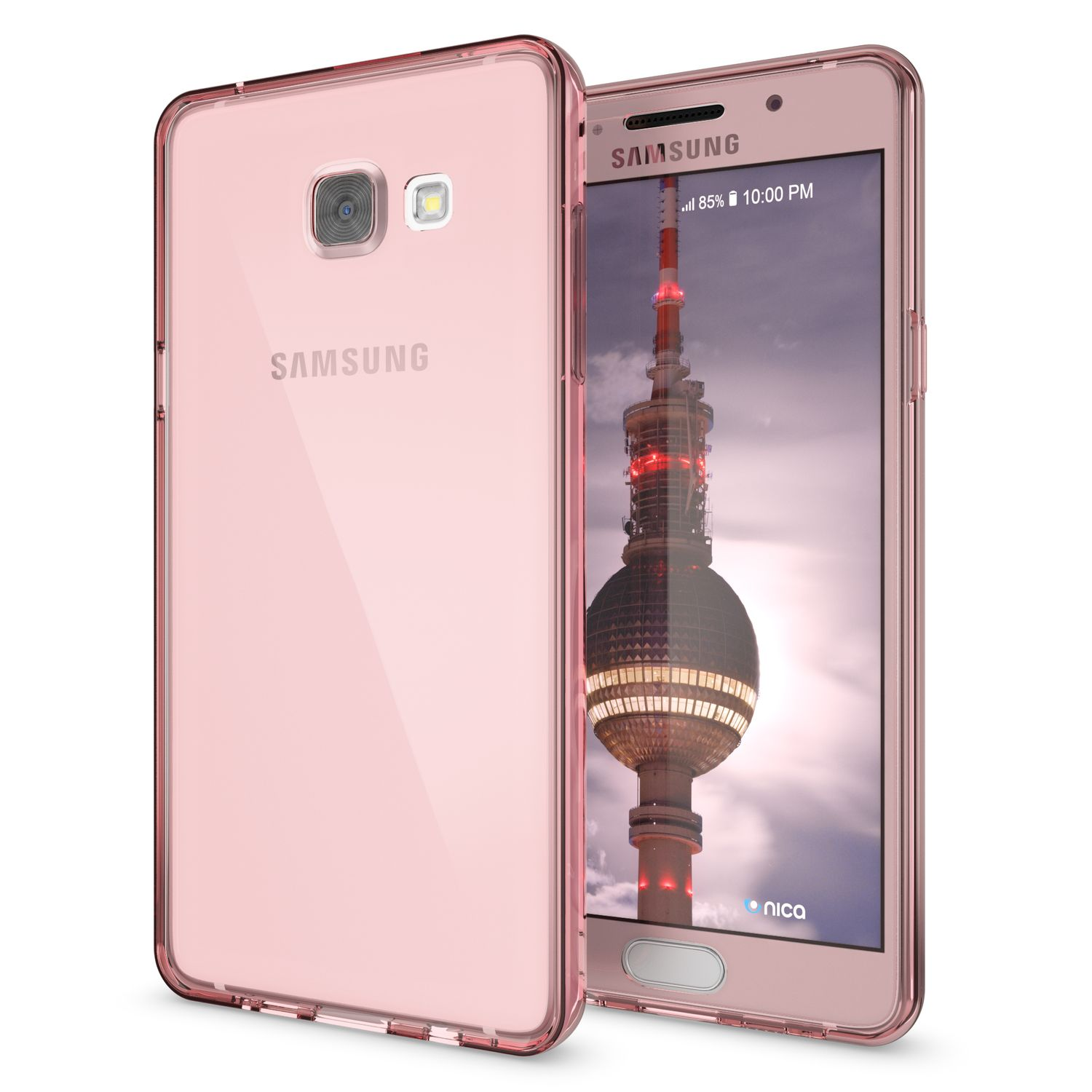Eine rosa Handyhülle auf einem rosa Telefon. Das Telefon zeigt eine Stadtlandschaft auf seinem Bildschirm.