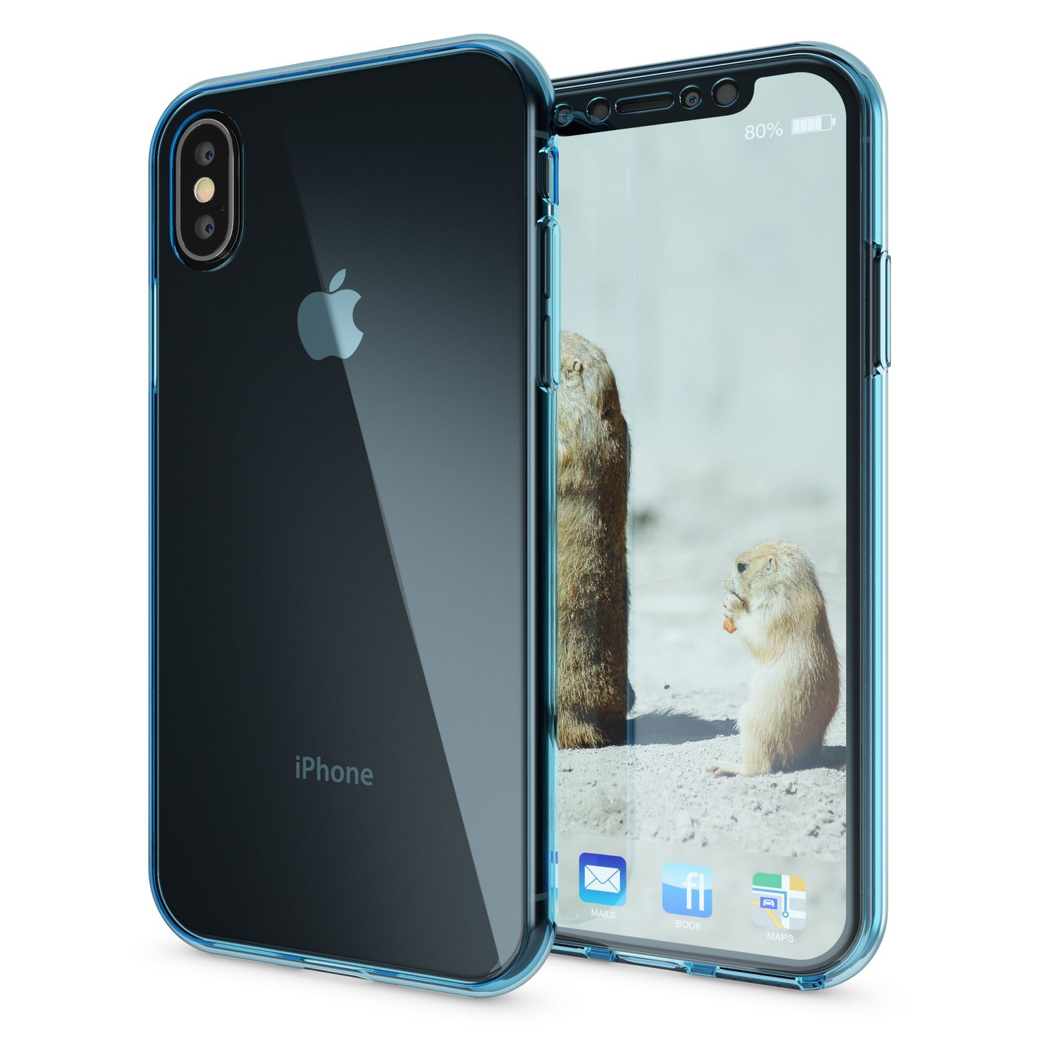 iPhone in einer blauen, transparenten Hülle. Hintergrund zeigt ein Murmeltier beim Essen und Icons.
