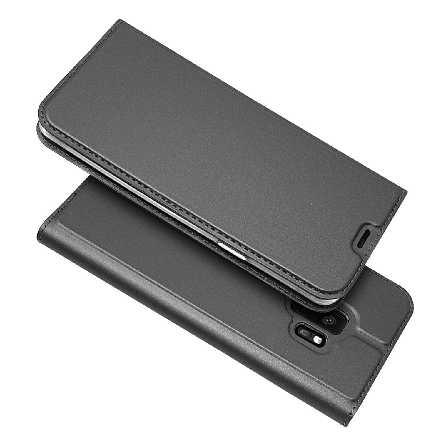 Eine schwarze Leder-Handyhülle, geschlossen und geöffnet, das Telefon im Inneren zeigend.