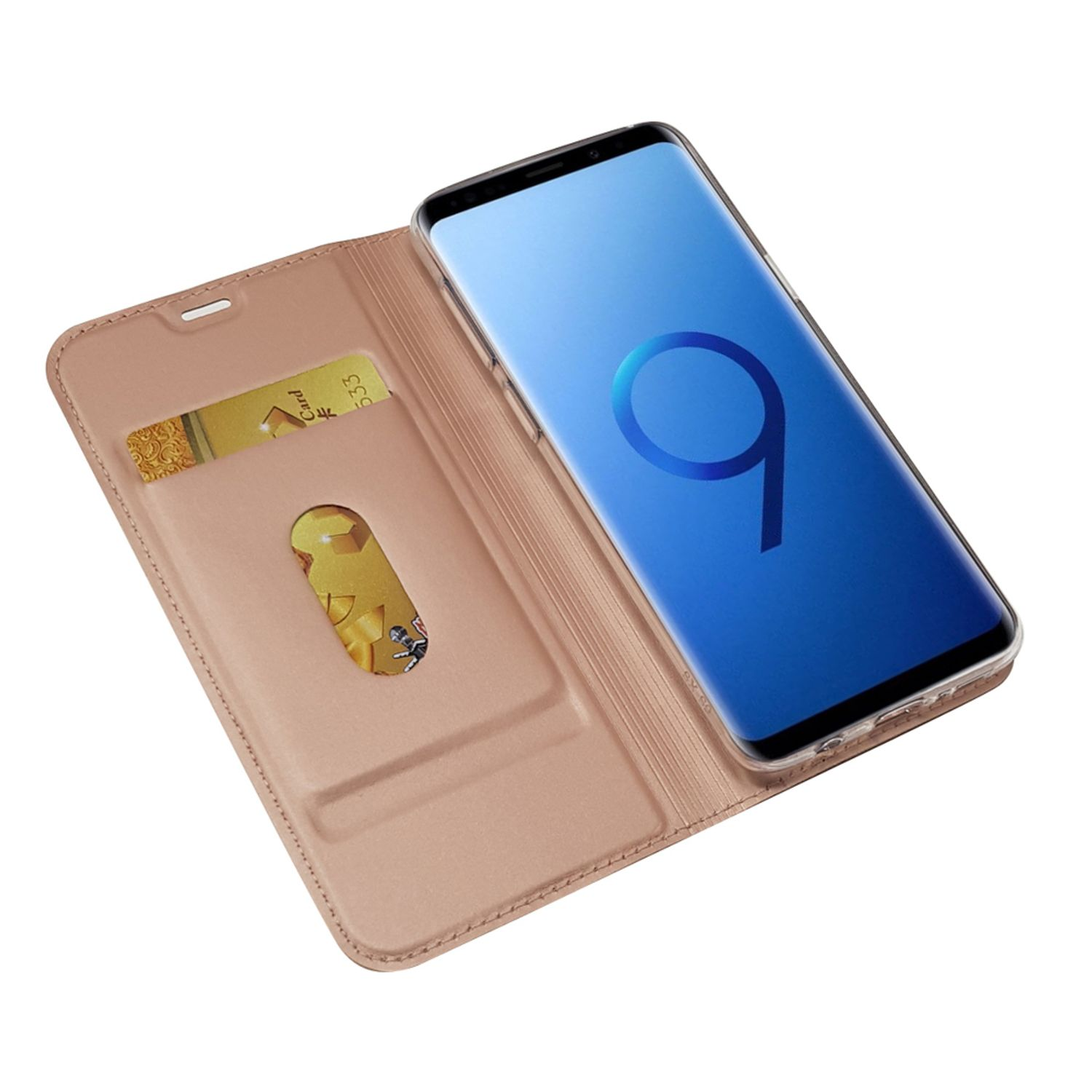 Telefon in einer Mappe, Kreditkarte sichtbar. Das Telefon zeigt die Zahl 9 auf dem Bildschirm.