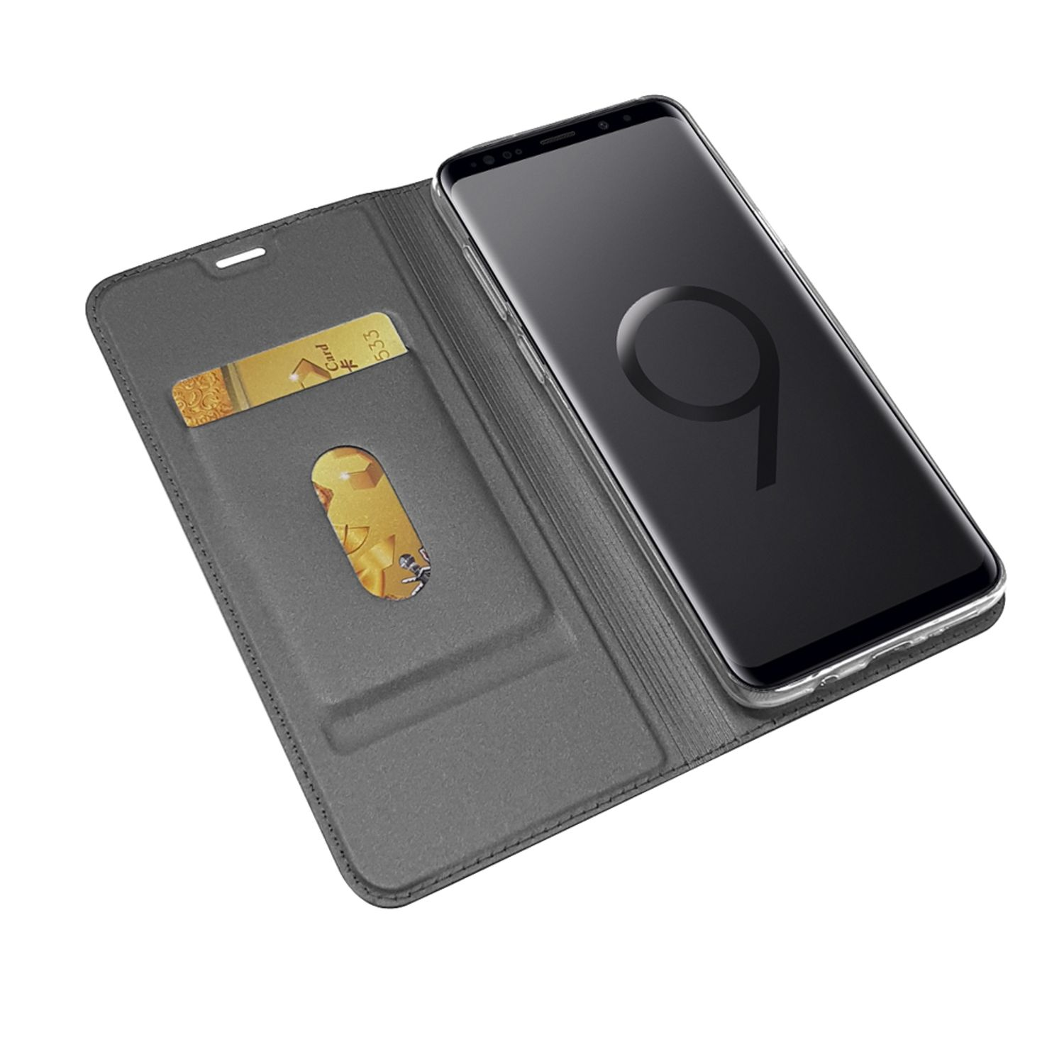 Ein Telefon in einer Brieftasche, das den Bildschirm mit App-Symbolen und eine Karte zeigt.