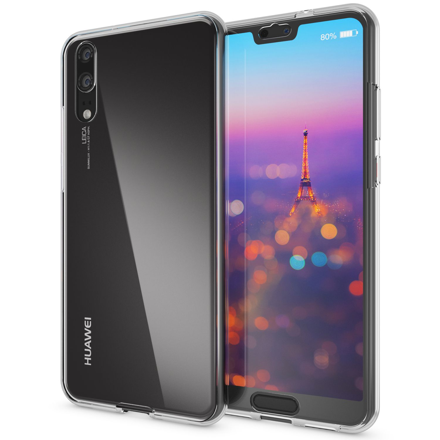 Transparente Handyhülle auf einem Telefon mit Eiffelturm auf dem Bildschirm. Rückseite zeigt Kamera und Marke.