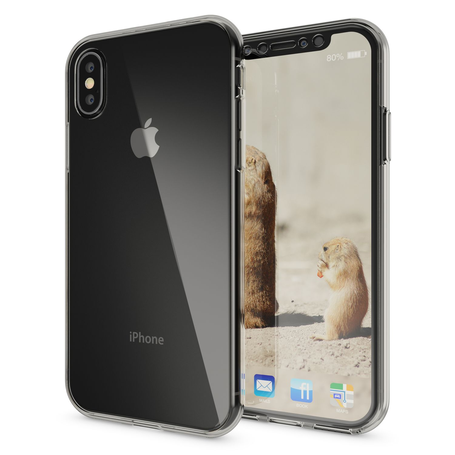 Ein Telefon in einer durchsichtigen Hülle. Zwei Präriehunde befinden sich auf dem Bildschirm, mit Naturhintergrund.