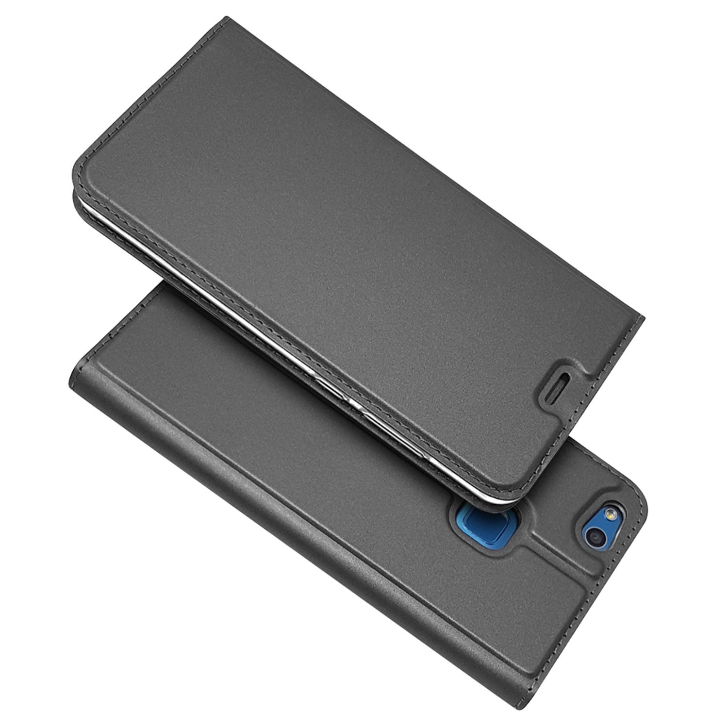 Dunkelgraue Handyhülle, geschlossen und offen. Das Telefon zeigt eine Kamera und einen Blitz.