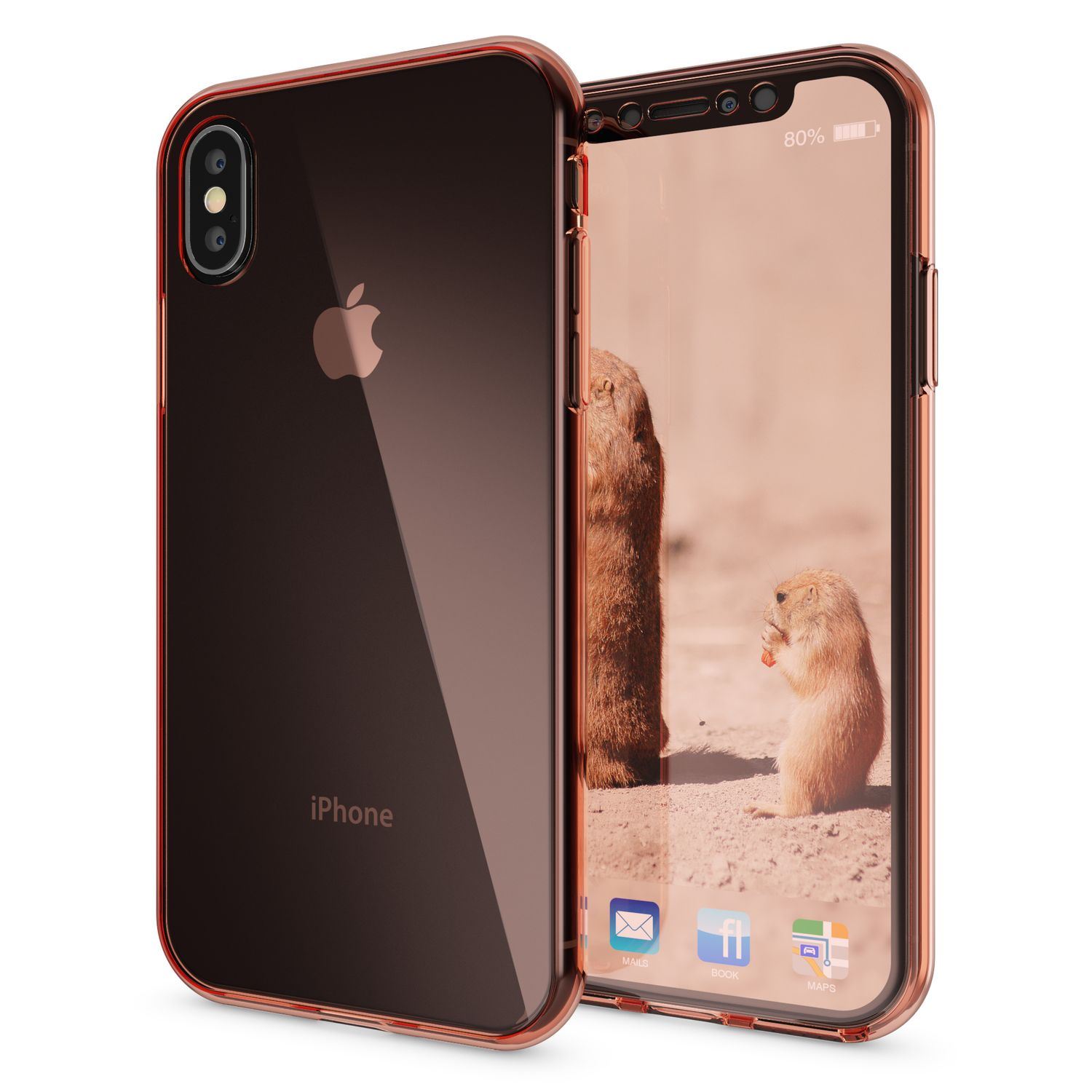 Ein iPhone in einer transparenten Hülle mit rotem Rand. Der Bildschirm zeigt zwei Tiere beim Essen.