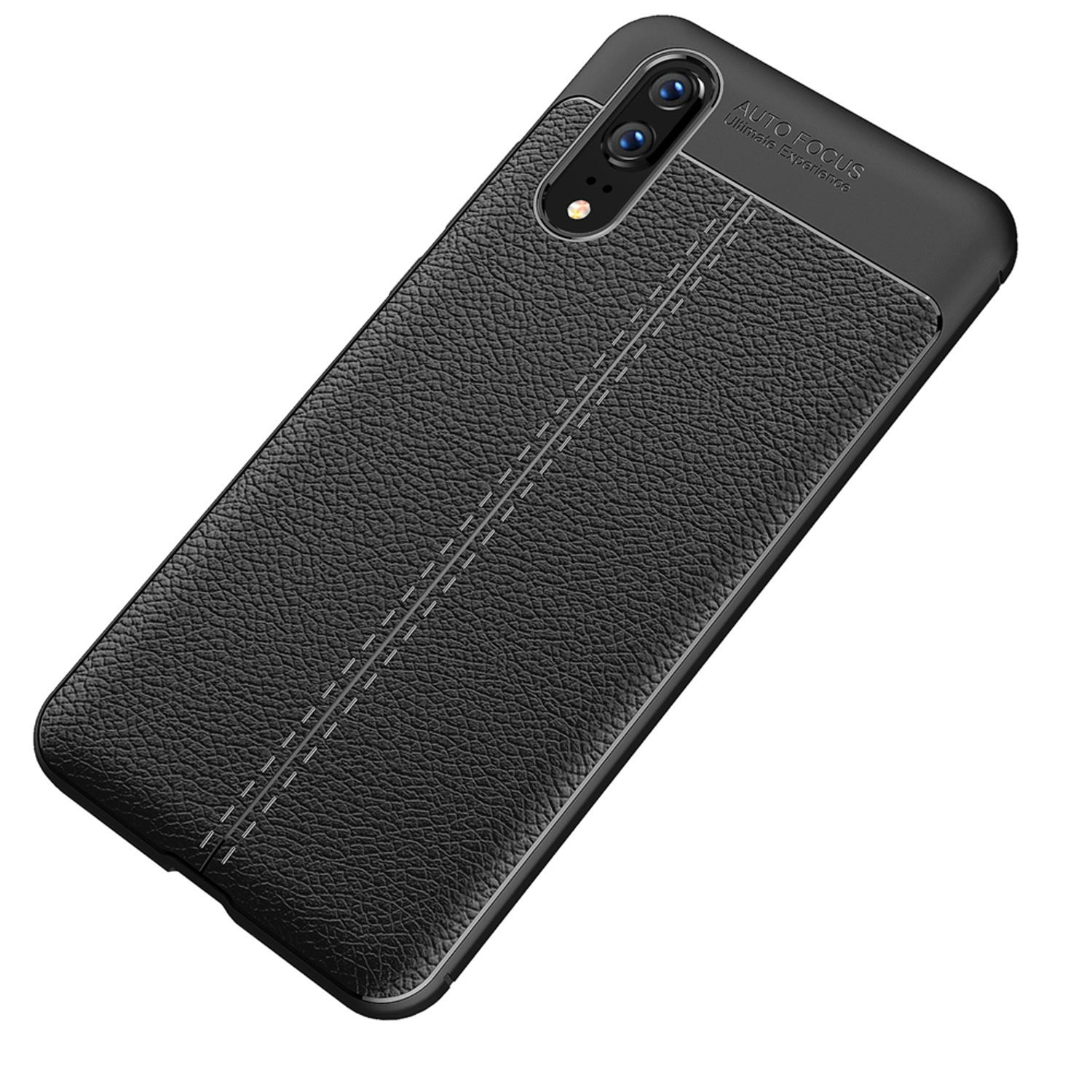 Schwarze Handyhülle mit strukturiertem Design. Die Hülle hat eine lederartige Textur und Nahtdetails.