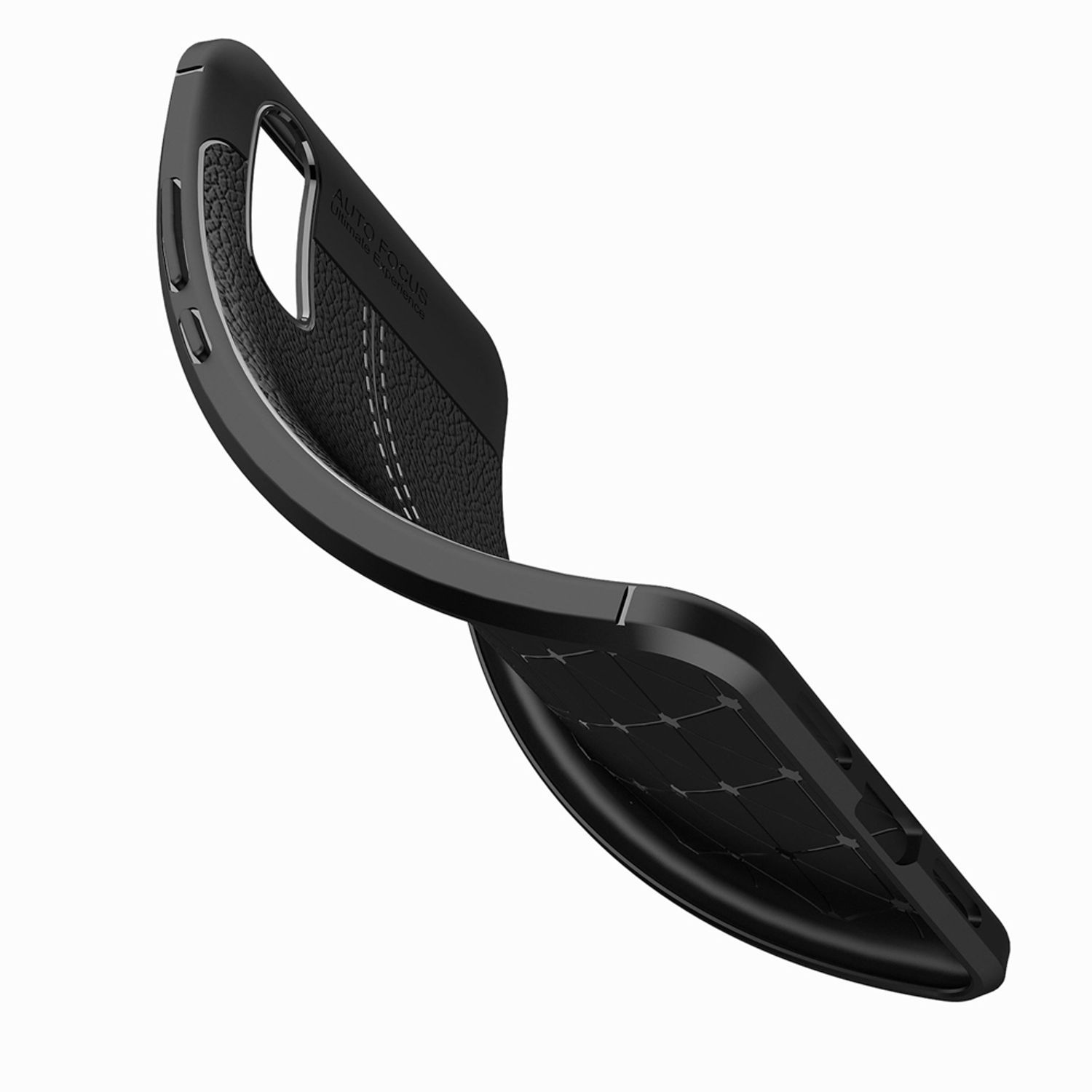 Schwarze Handyhülle, gebogen, um die Innenseite zu zeigen. Die Innenseite hat ein Wabenmuster für das Telefon.
