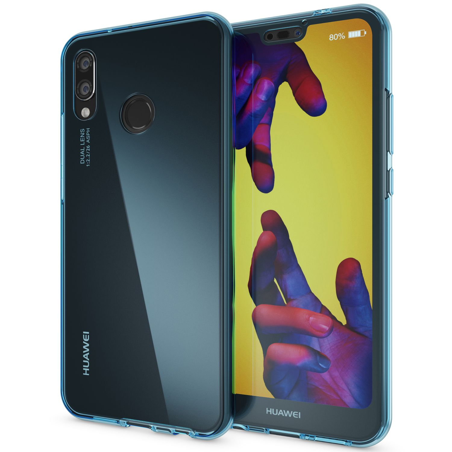 Zwei Telefone in blauen Hüllen mit klarer Rückseite, die andere Seite ist der Bildschirm, gelb und blau.