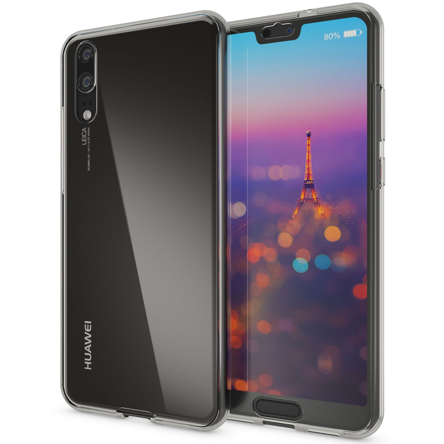 Handyhülle auf einem Telefon mit Eiffelturm auf dem Bildschirm. Hülle ist klar, Telefon ist schwarz.