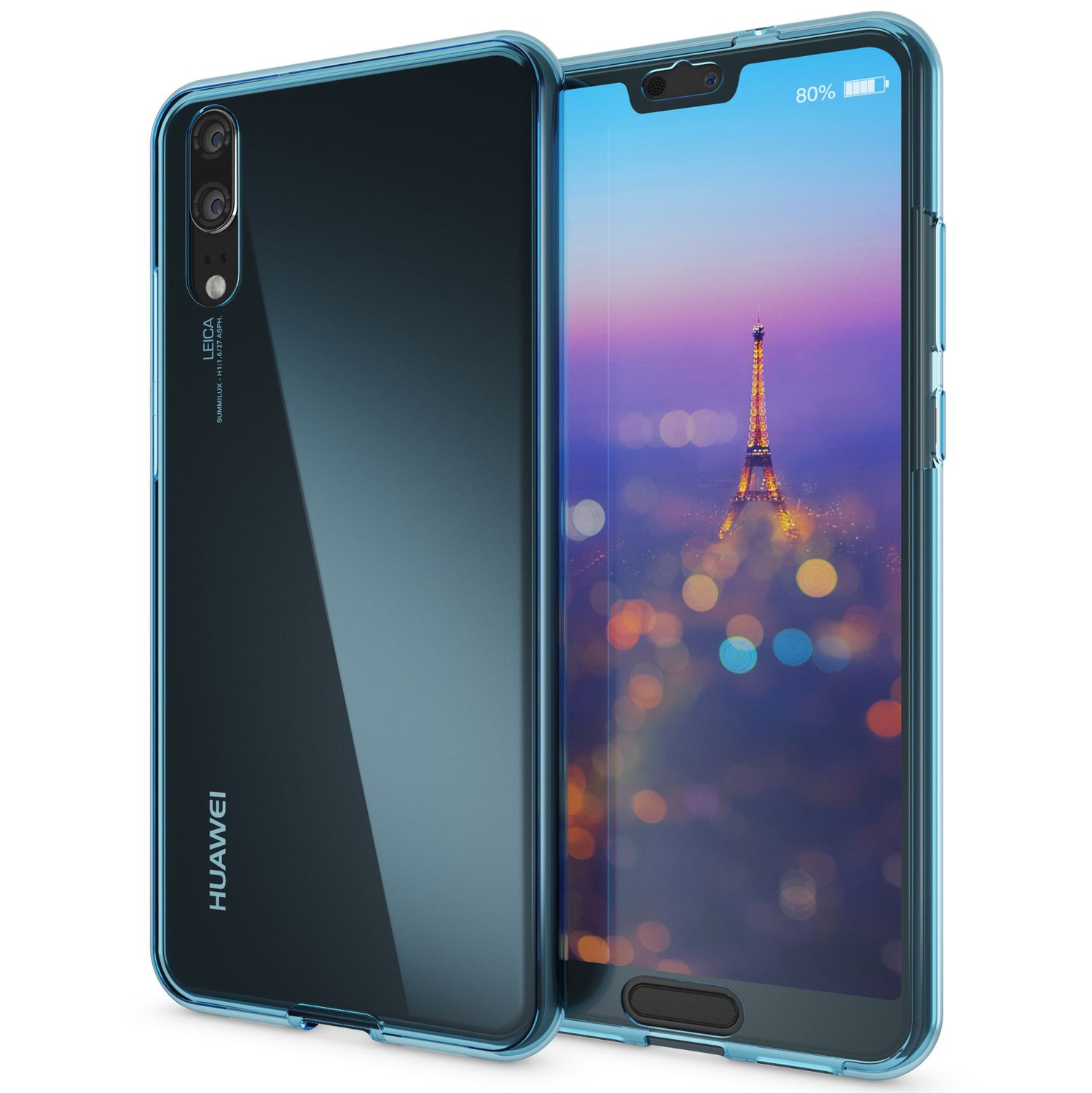 Blaue Handyhülle auf einem Telefon mit Eiffelturm auf dem Bildschirm. Transparente Hülle und schwarzes Telefon.