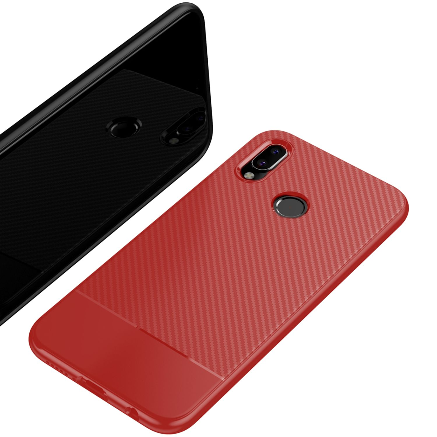 Zwei Telefone. Eines schwarz mit rotem Carbonfaser-Design und eines schwarz. Weißer Hintergrund.
