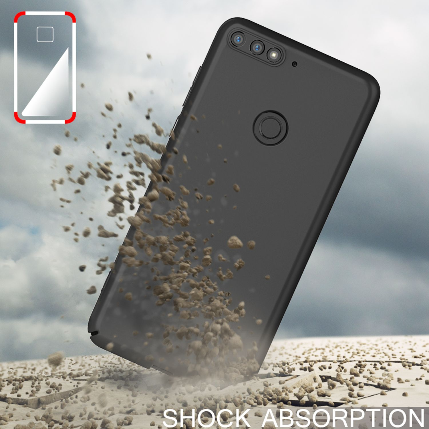 Eine schwarze Handyhülle, mit dem Text 'SHOCK ABSORPTION' unten.