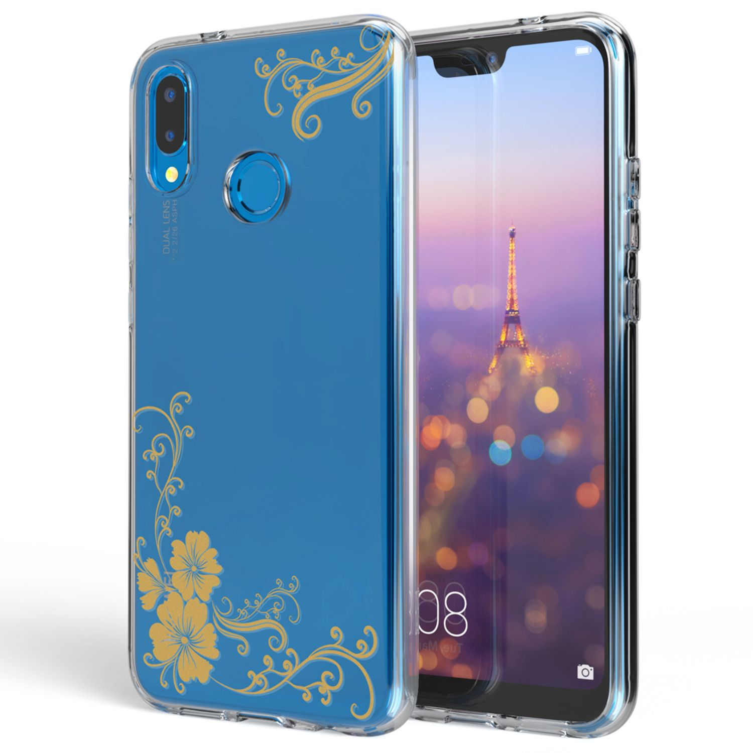 Eine Handyhülle mit blauem Blumenmuster und transparentem Design.