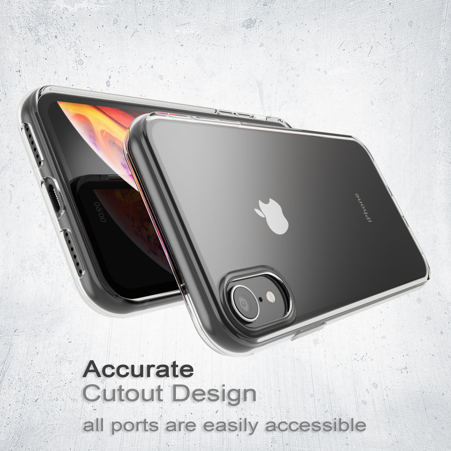 Zwei transparente Handyhüllen. Das Telefon zeigt das Apple-Logo. Text: Accurate Cutout Design.
