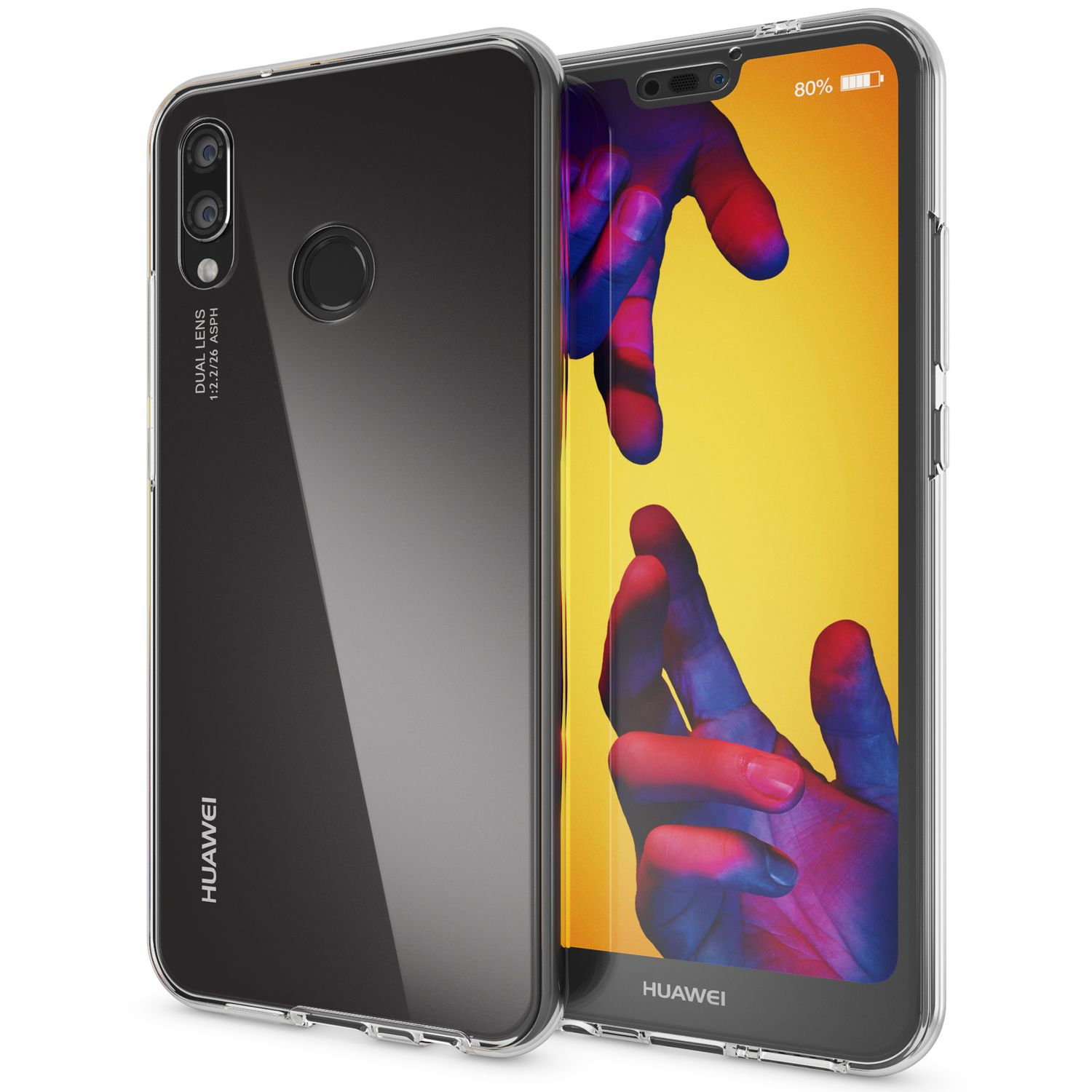 Eine transparente Handyhülle mit einem Huawei-Telefon darin. Die Hülle zeigt den Bildschirm.