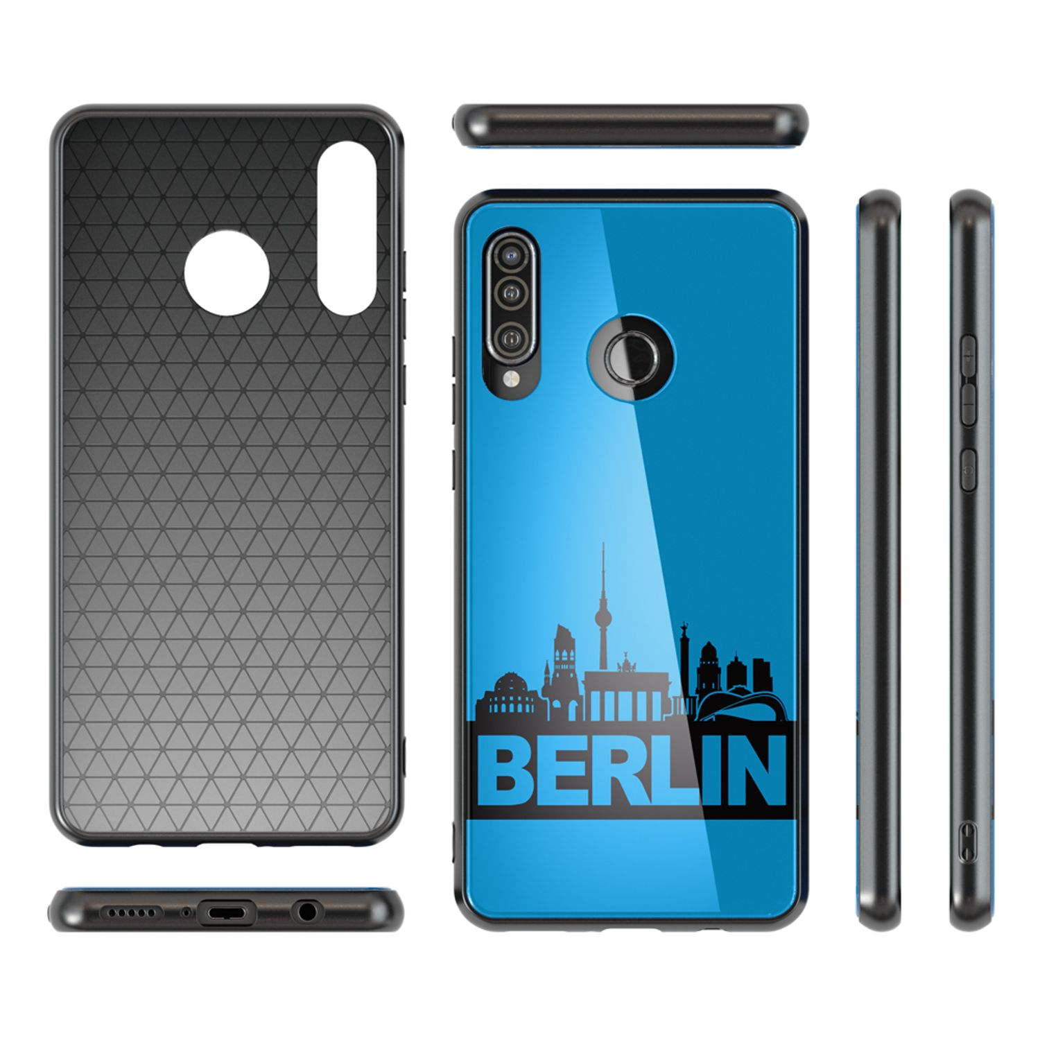 Handyhülle mit Berliner Skyline, schwarz-blaues Design. Mehrere Ansichten.