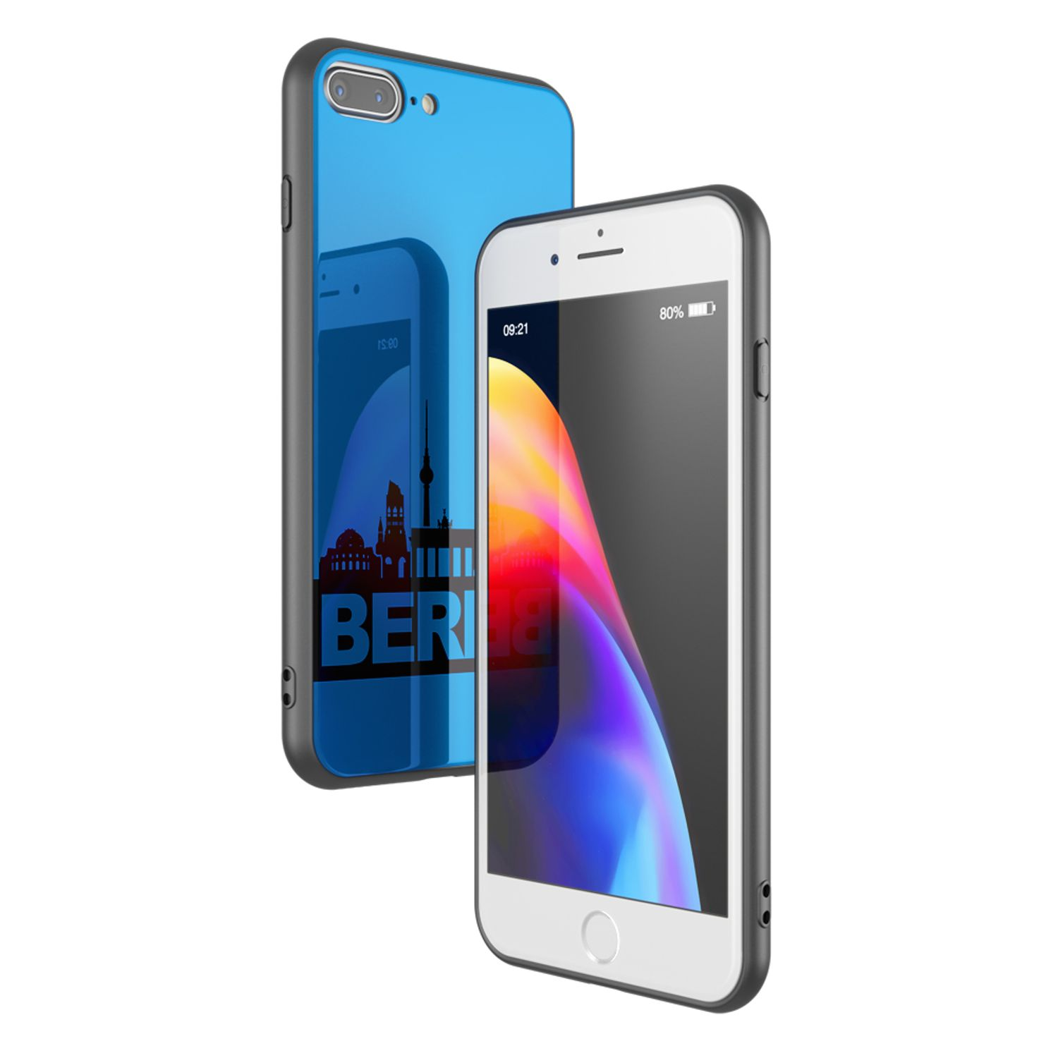 Handyhülle mit Berliner Skyline auf blauem Hintergrund. Das Telefon ist weiß. Das Display zeigt ein farbenfrohes Bild.