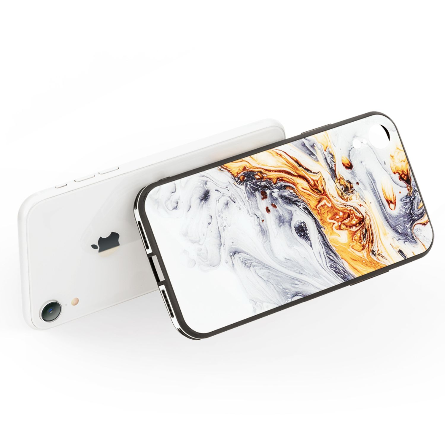 Zwei weiße Smartphones. Eines ist angewinkelt und zeigt ein flüssiges Design auf dem Bildschirm. Weißer Hintergrund.