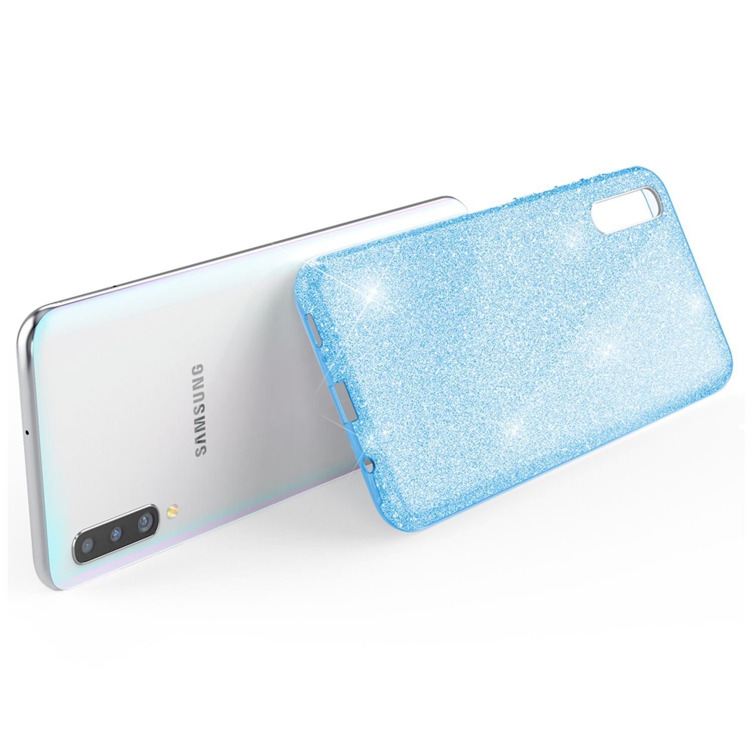 Custodia per telefono glitterata bianca e blu. Il telefono è parzialmente visibile a sinistra.