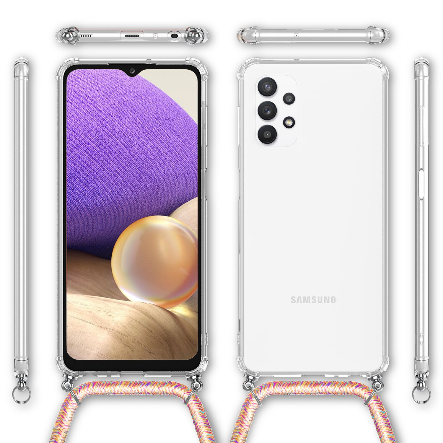 Eine transparente Handyhülle mit Lanyard. Das Telefon hat einen lila Bildschirm und einen goldenen Globus unten.