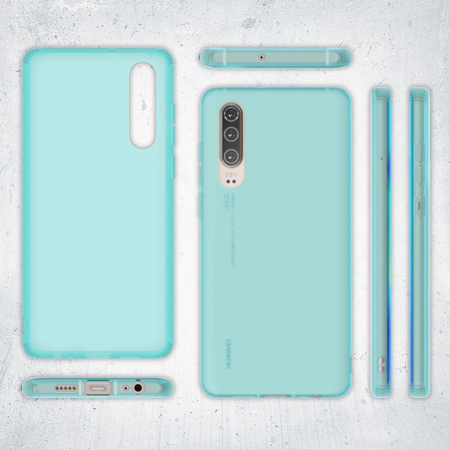 Türkisfarbene Handyhülle mit einem türkisfarbenen Huawei-Telefon darin. Verschiedene Ansichten der Hülle sind vorhanden.