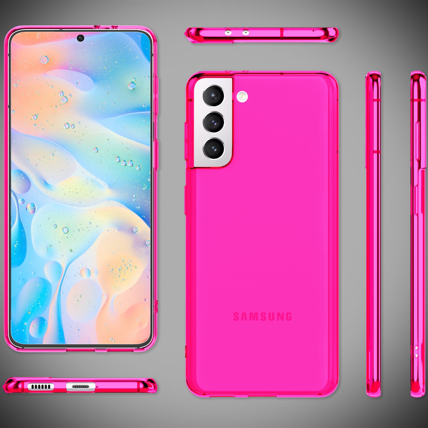 Rosa Handyhülle mit einem Samsung-Handy darin. Verschiedene Ansichten der Hülle sind vorhanden.
