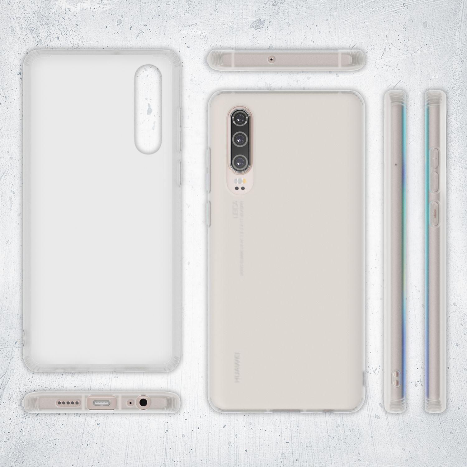 Weiße Handyhülle mit einem Huawei-Telefon darin. Verschiedene Ansichten der Hülle sind vorhanden.