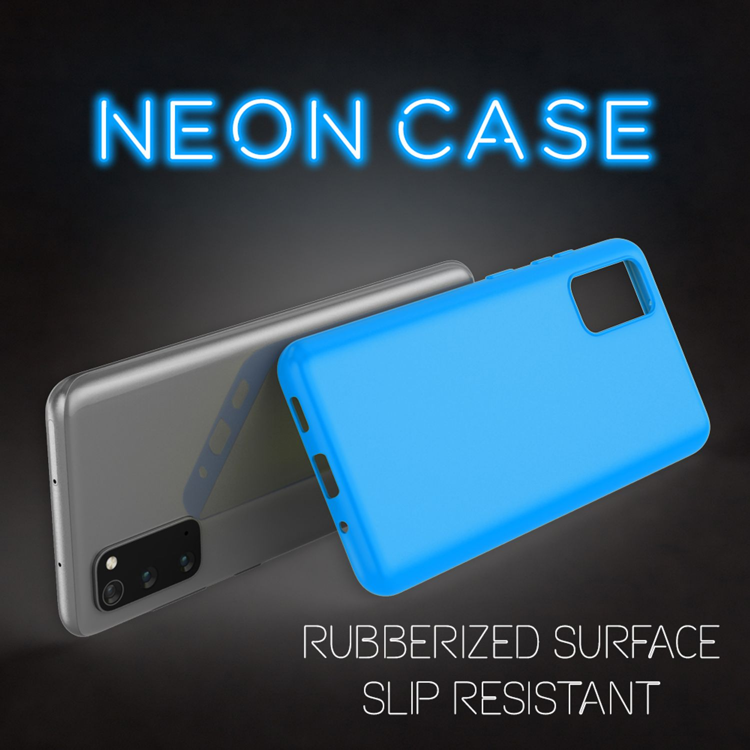 Neonblaue Handyhülle auf schwarzem Hintergrund. Text sagt "Neon Case", "Gummierte Oberfläche" und "Rutschfest".