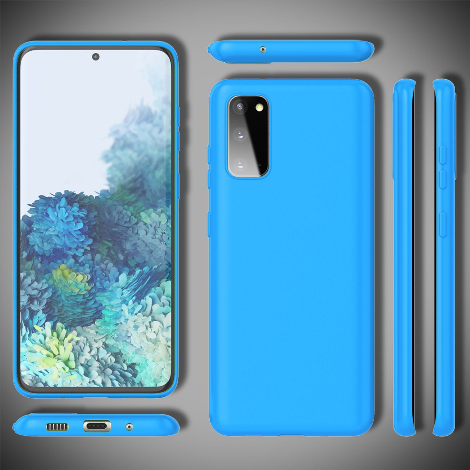 Blaue Handyhülle. Das Telefon wird aus verschiedenen Blickwinkeln gezeigt.