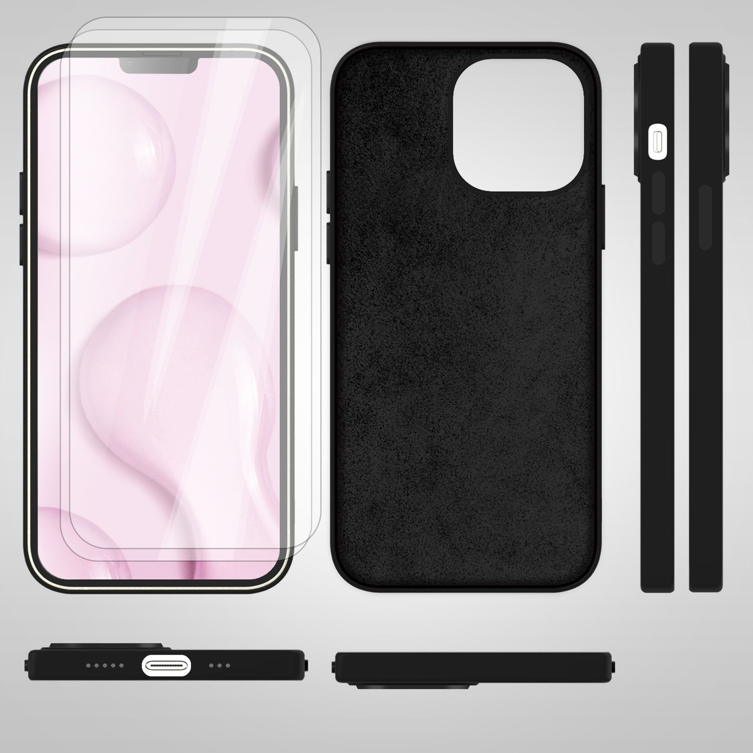 Schwarze Handyhülle mit Displayschutz und Handy-Umriss. Die Hülle hat Aussparungen für Kamera und Knöpfe.