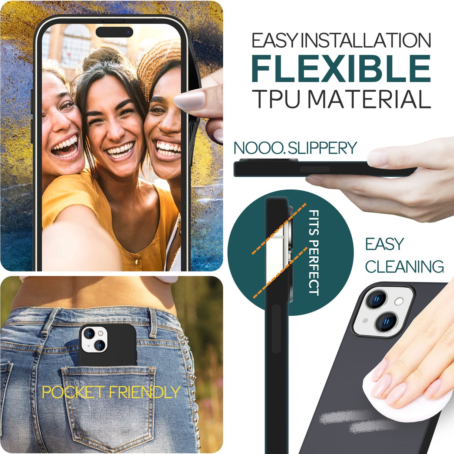 Drei Personen machen ein Selfie mit einem Telefon in einer schwarzen Hülle. Text: Flexibles TPU-Material und Taschenfreundlich.