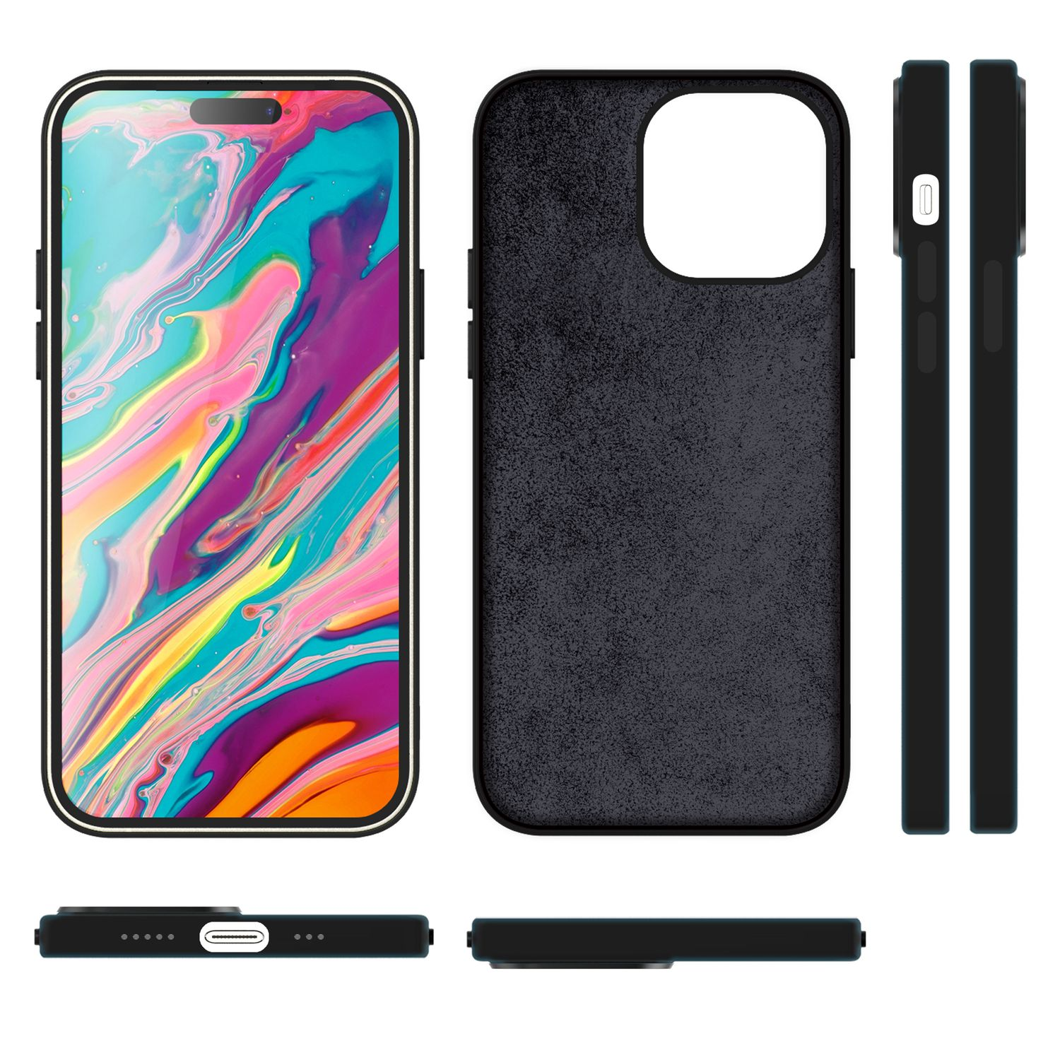 Eine schwarze Handyhülle mit mehreren Ansichten. Das Gehäuse wird mit Kamera- und Anschlussausschnitten gezeigt. Das Telefon ist schwarz.