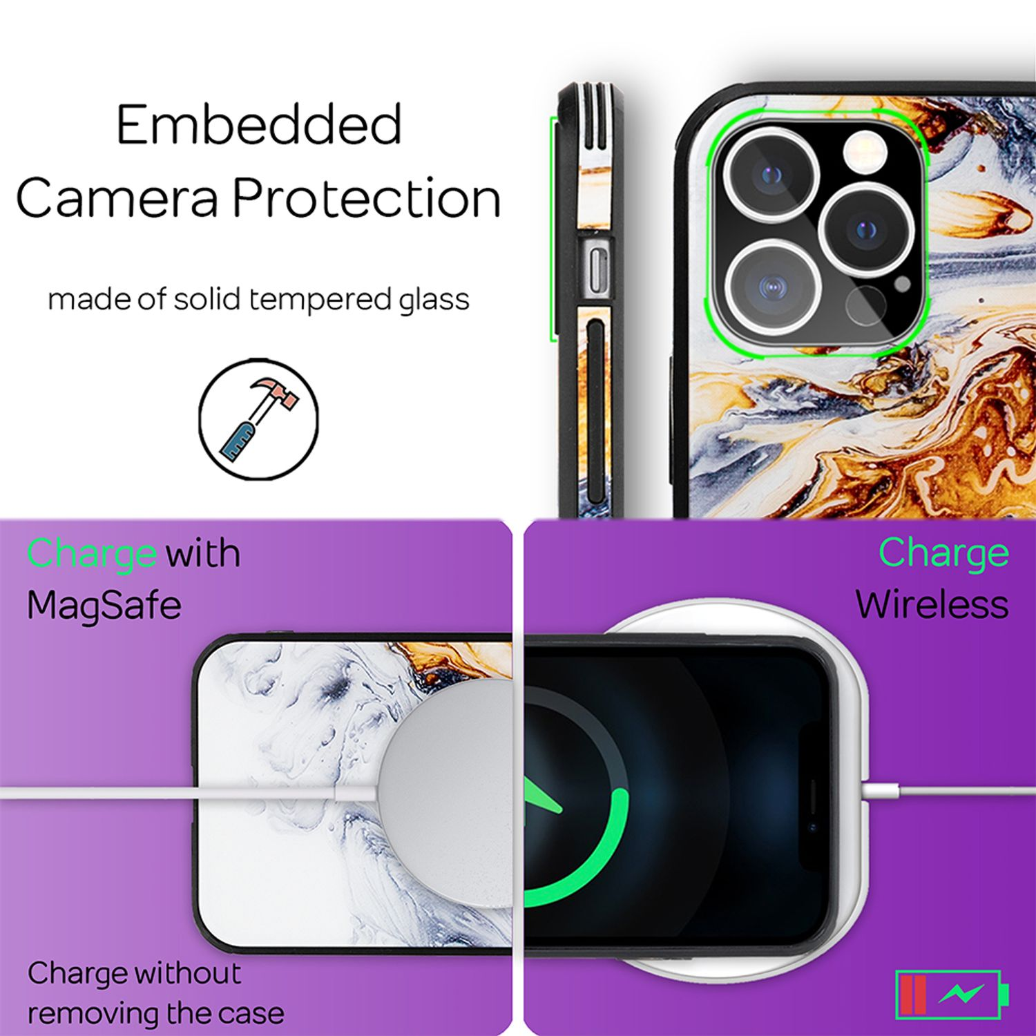 Imagen muestra funda de teléfono con diseño de mármol. Muestra carga MagSafe y carga inalámbrica.