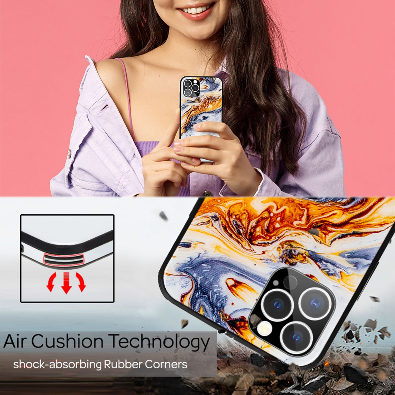 Una mujer sostiene un teléfono con una funda de mármol. La funda tiene tecnología de cojín de aire y esquinas.