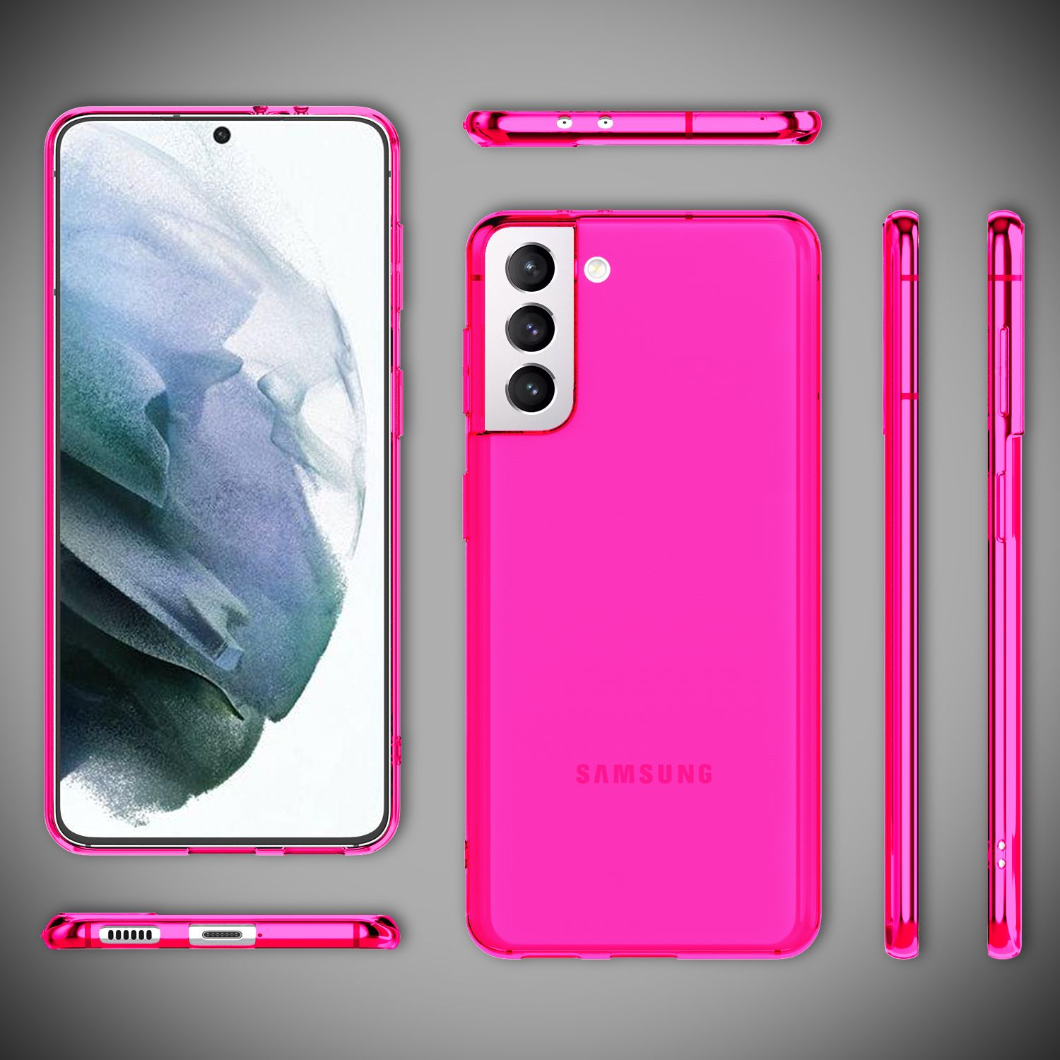 Custodia per telefono rosa con viste multiple. Include la custodia, e le viste laterali e superiori.