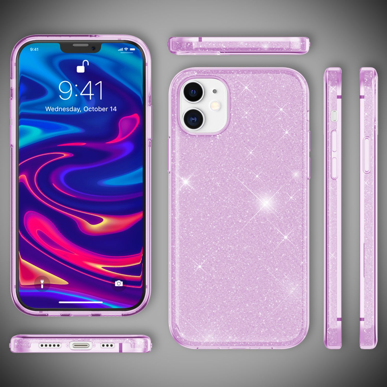 Telefon mit Glitzerhülle. Das Telefon ist lila. Die Hülle hat mehrere Ansichten. Weißer Hintergrund.