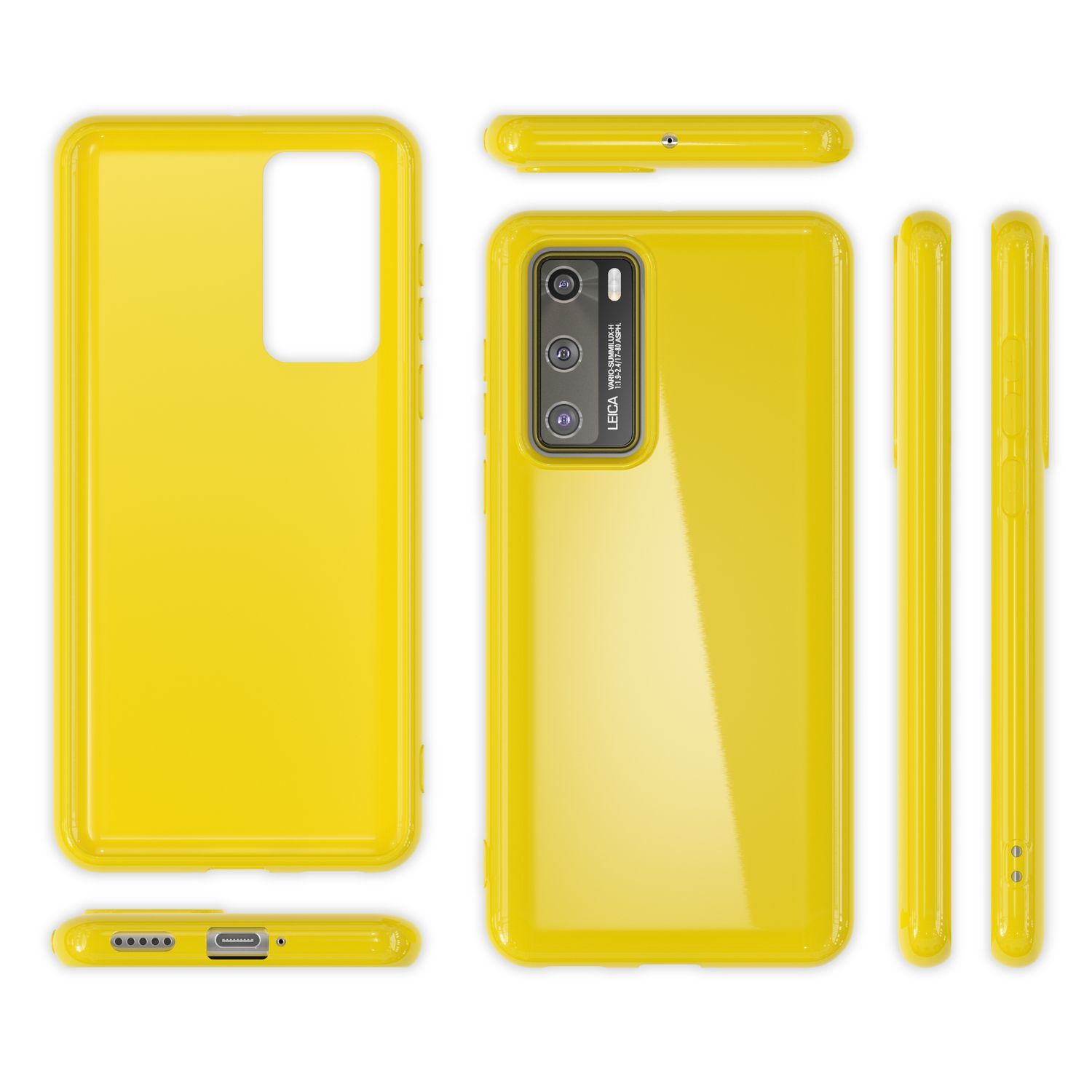 Gelbe Handyhülle. Mehrere Ansichten zeigen die Handyhülle. Die Hülle ist auf einem gelben Telefon.