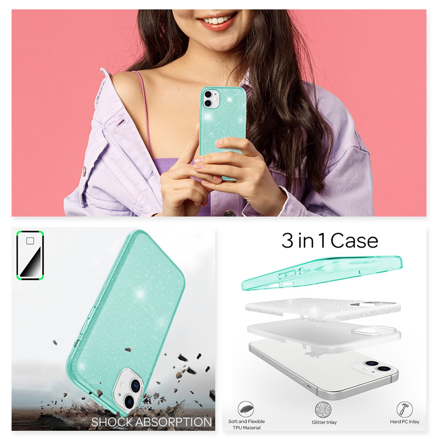 Mujer sosteniendo un teléfono con una funda verde brillante y un diagrama de funda 3 en 1.