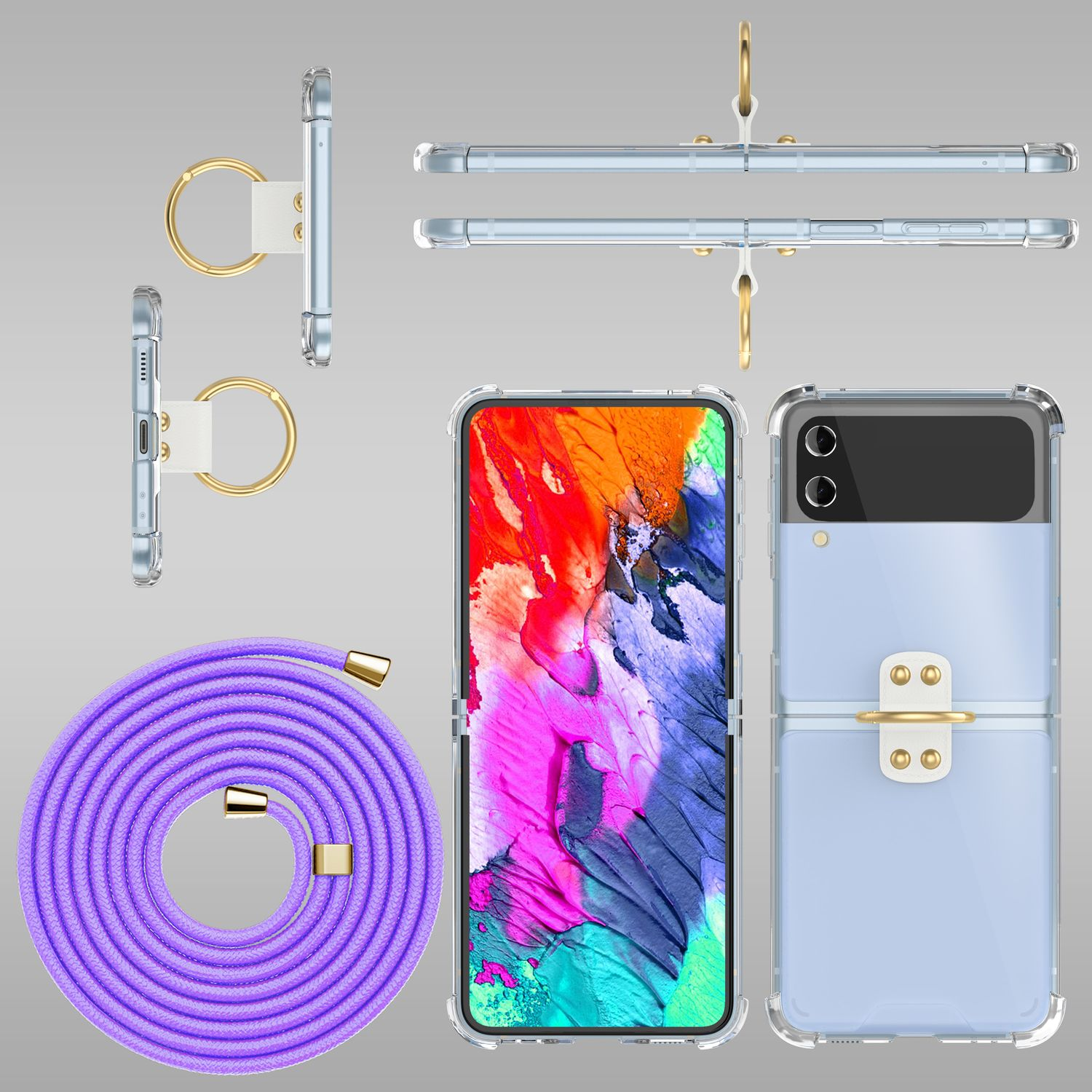 Transparente Handyhülle mit lila Schlüsselband und Telefon mit abstrakter Kunst.