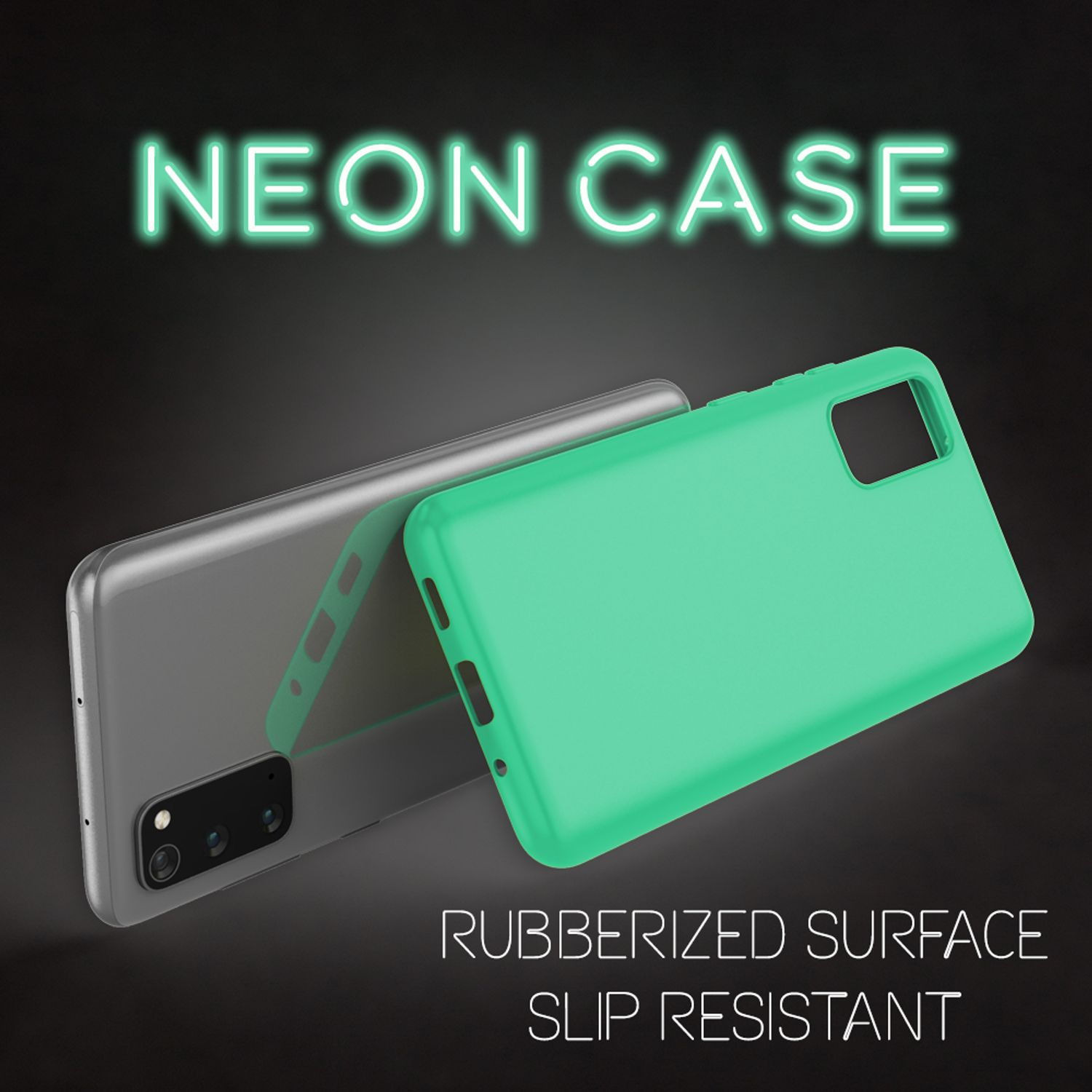 Zwei Handyhüllen, eine transparente und eine grüne, mit Text: Neon Case, Rubberized Surface.