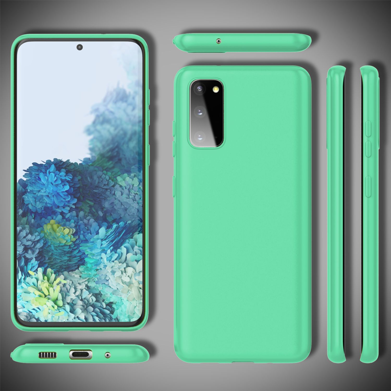 Grüne Handyhülle mit Telefon, mehrere Ansichten. Der Bildschirm ist sichtbar.