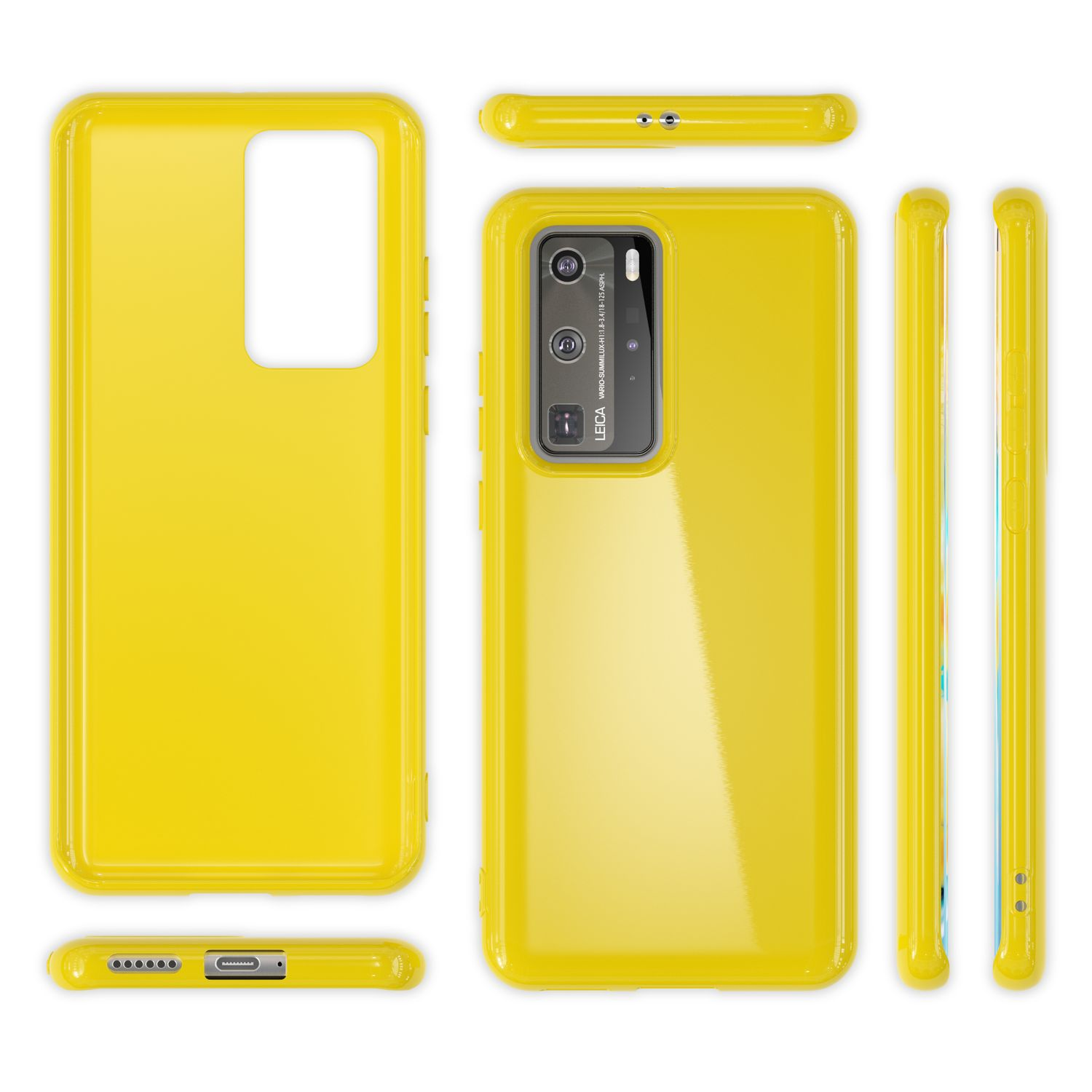 Eine gelbe Handyhülle mit einem Telefon darin. Mehrere Ansichten der Handyhülle.