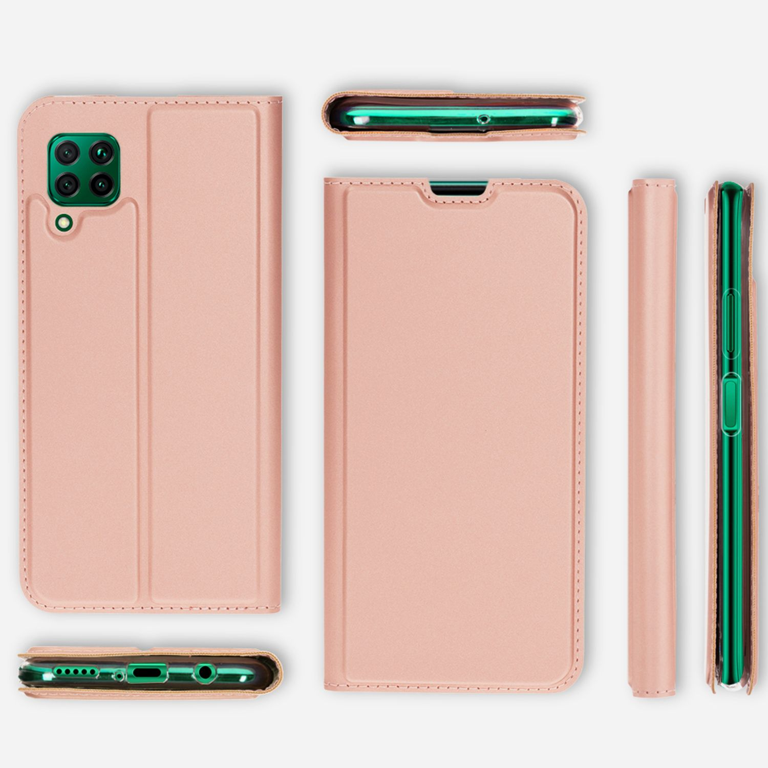 Eine pinkfarbene Handyhülle mit einem Telefon darin und dessen mehreren Ansichten.