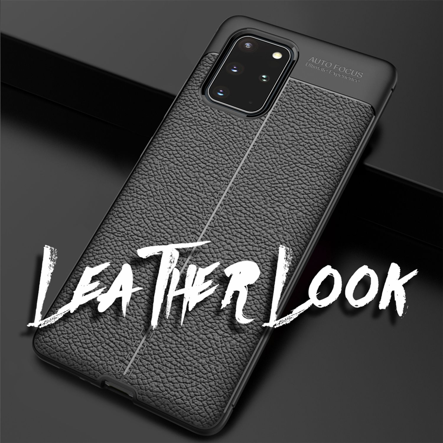 Eine schwarze Handyhülle mit Lederoptik. Text lautet: Leder-Look.