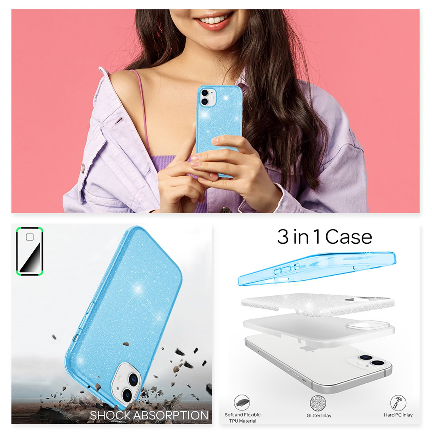 Una mujer y varios diseños de fundas para teléfonos. El texto dice: Absorción de impactos. Funda 3 en 1.