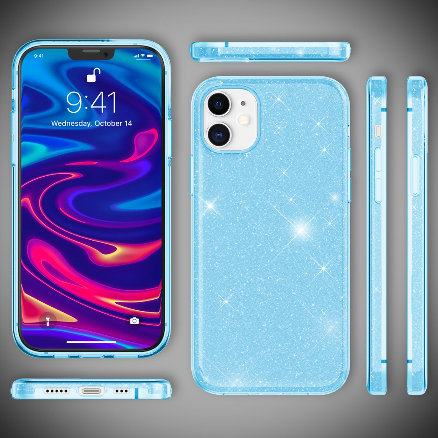 Blaue Handyhülle mit Glitzerdesign.