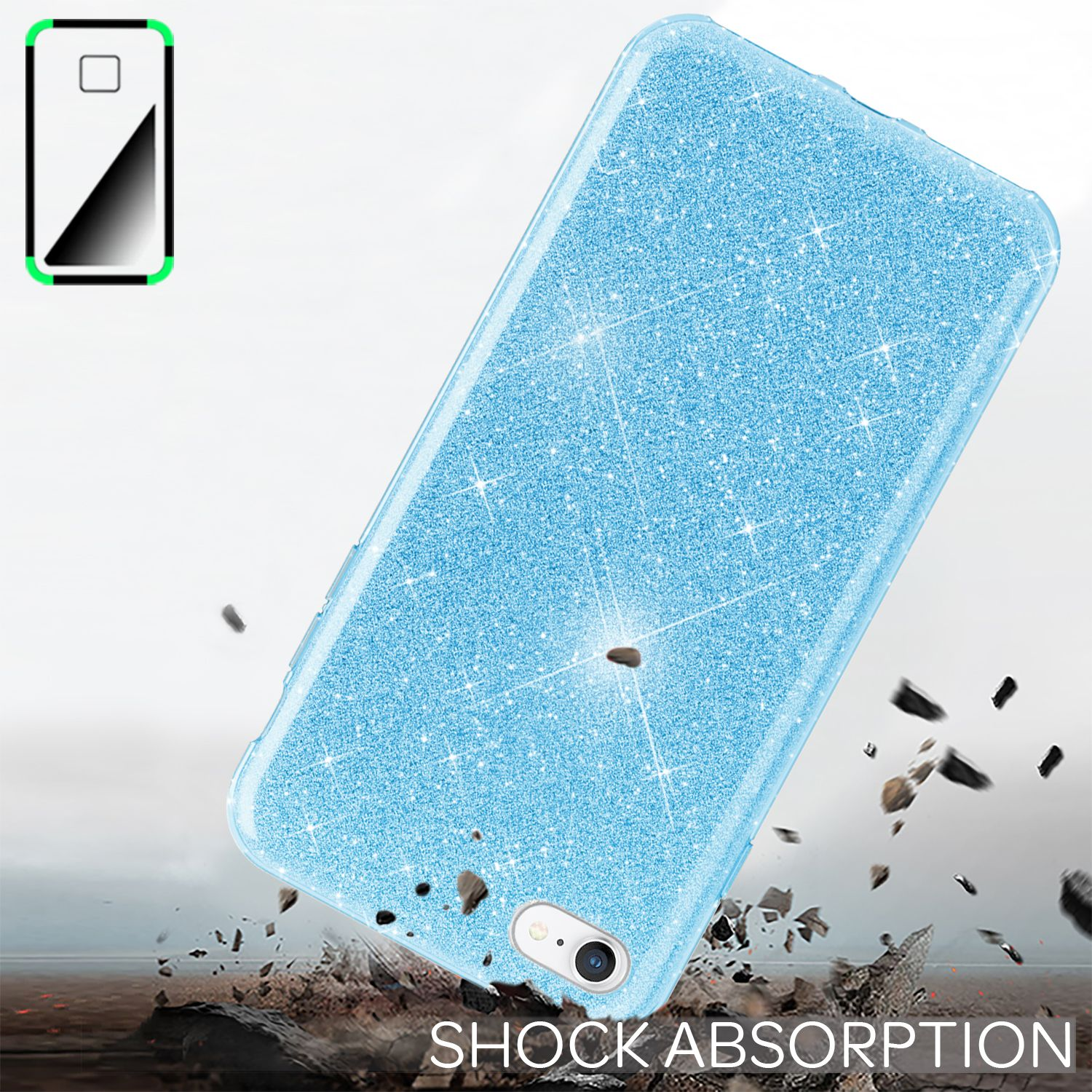 Custodia blu glitterata con assorbimento degli urti.